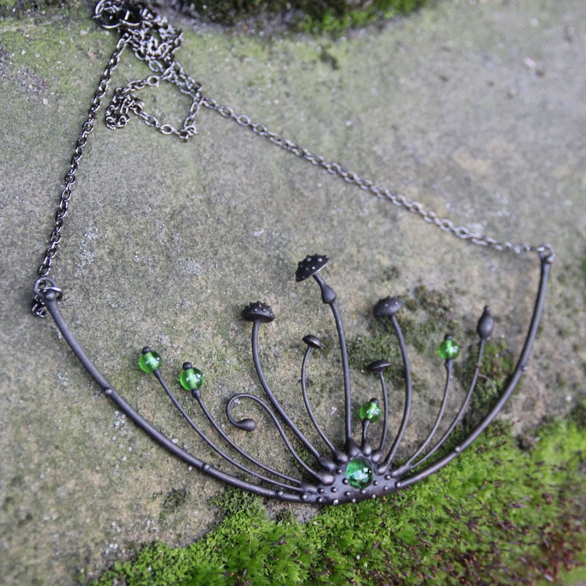 Green Glass Amanita Statement Necklace – Blackened Copper