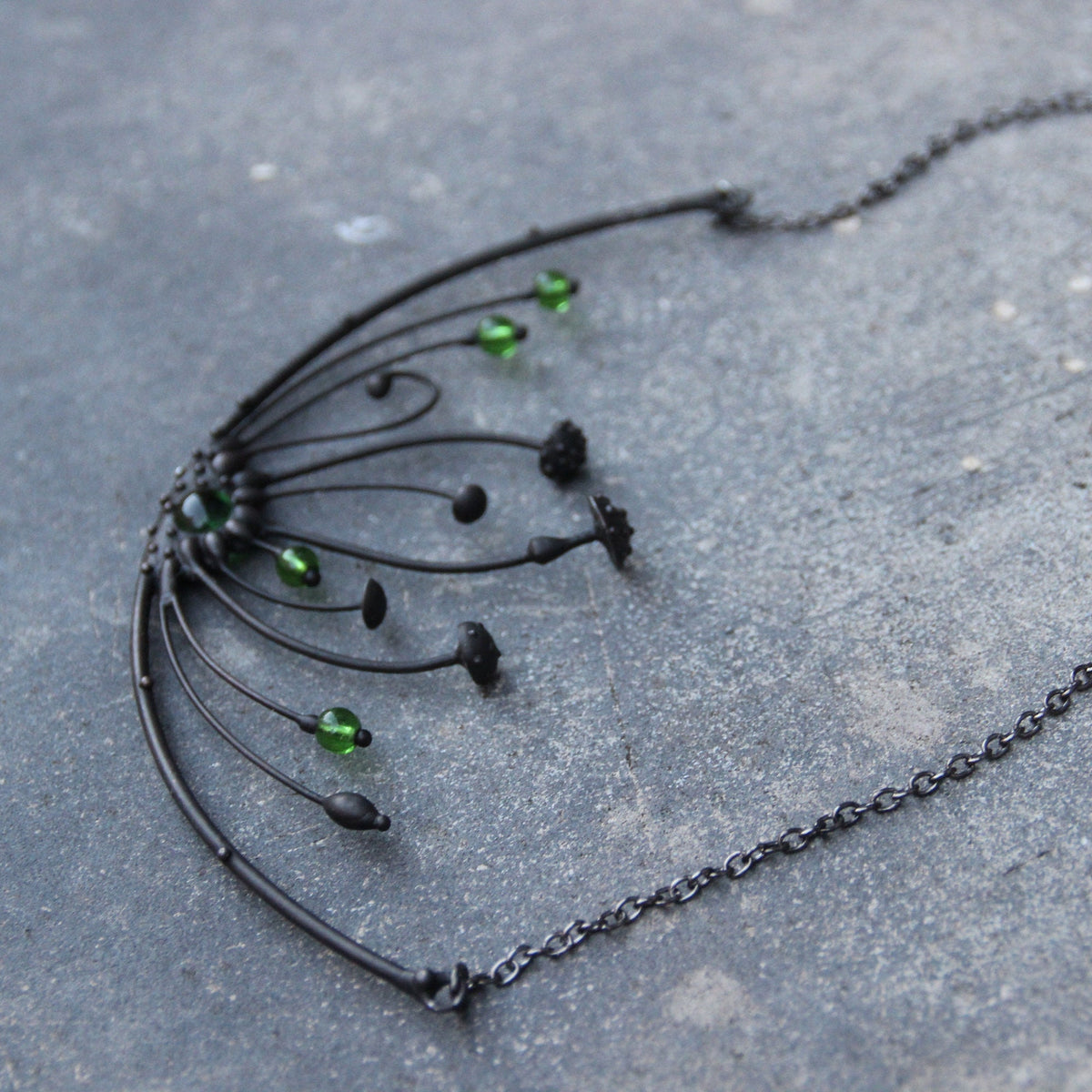 Green Glass Amanita Statement Necklace – Blackened Copper