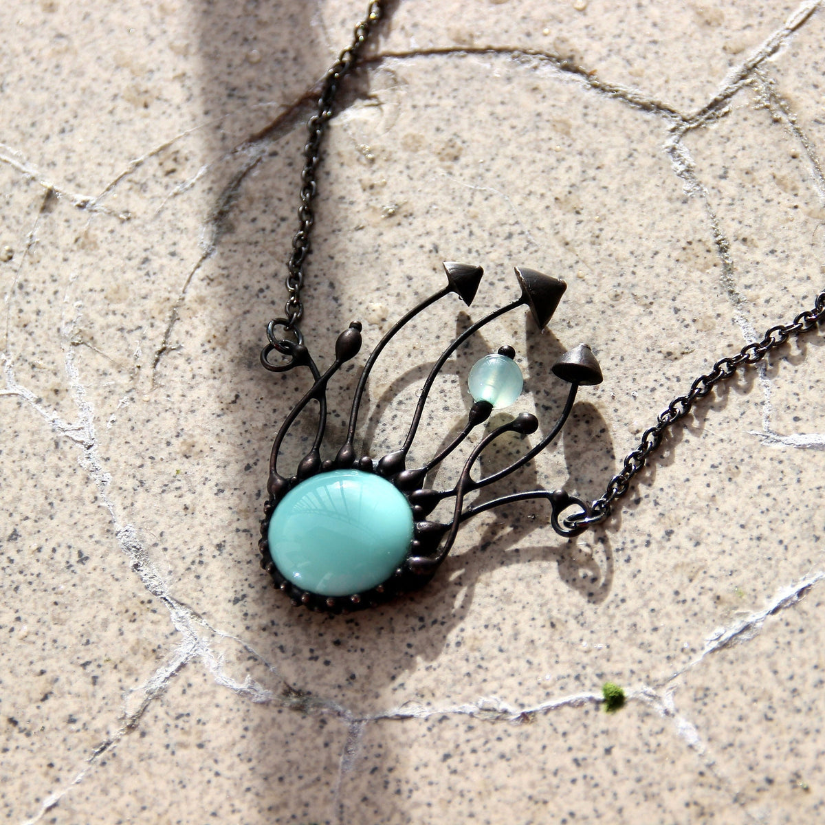 Blue Glass Mushroom Necklace – Blackened Copper Forest Pendant – Psychedelic Botanical