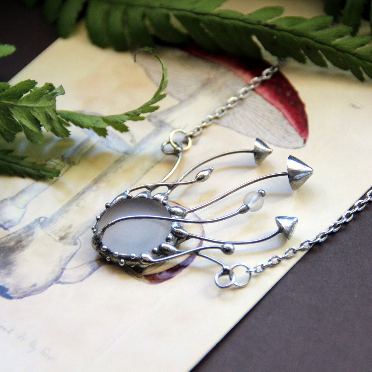 Frosted Glass Mushroom Necklace – Silver Tone