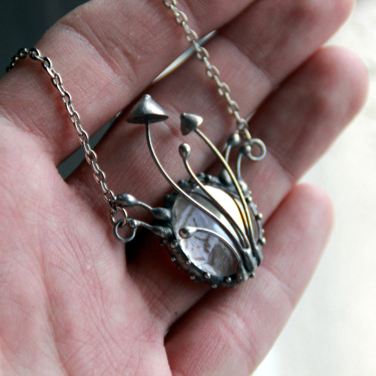 Clear Glass Mushroom Cluster Necklace – Silver Tone
