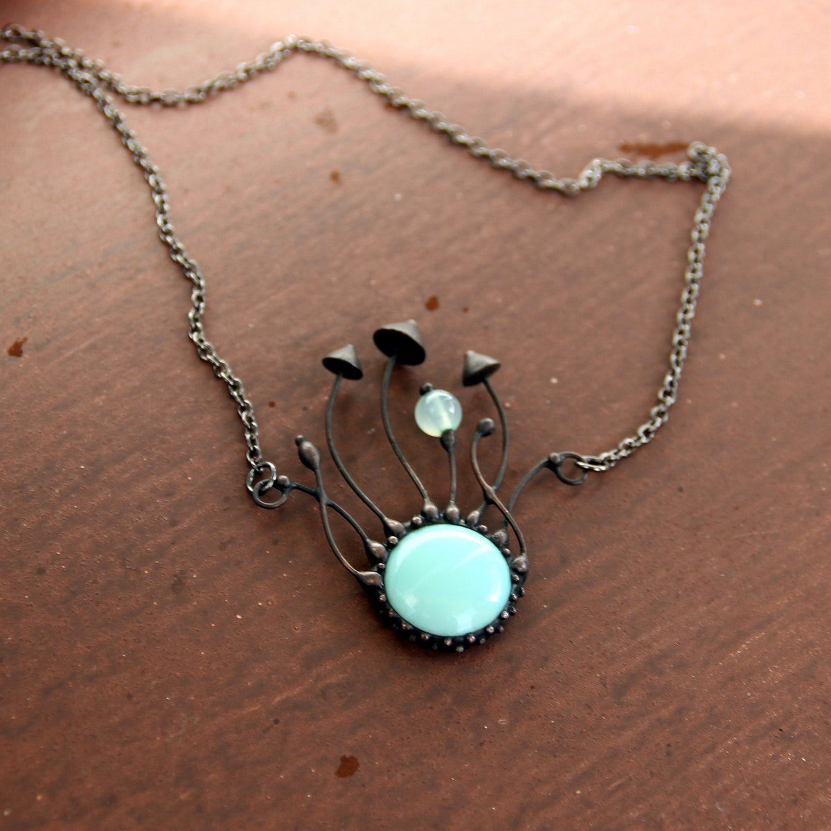 Blue Glass Mushroom Necklace – Blackened Copper Forest Pendant – Psychedelic Botanical