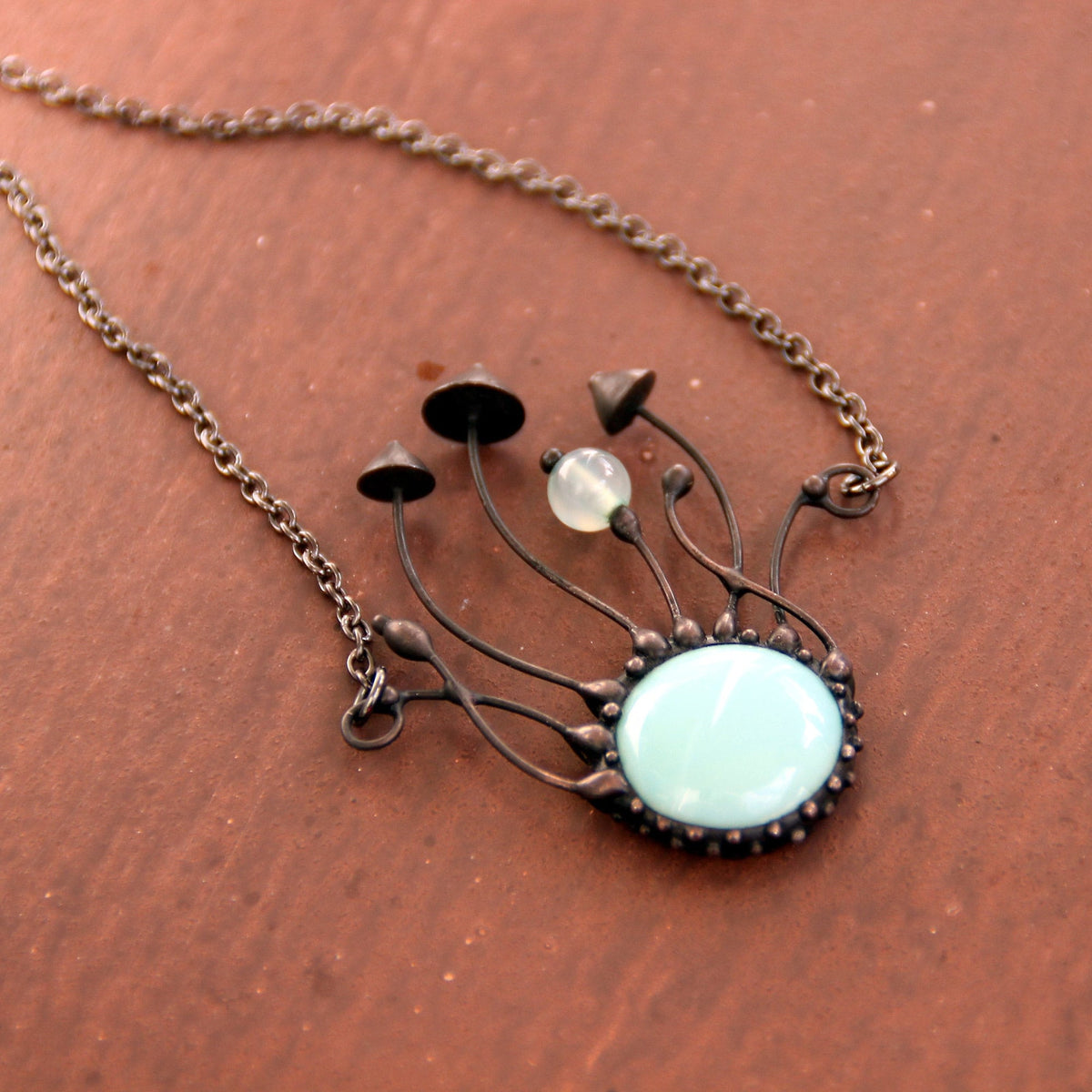 Blue Glass Mushroom Necklace – Blackened Copper Forest Pendant – Psychedelic Botanical