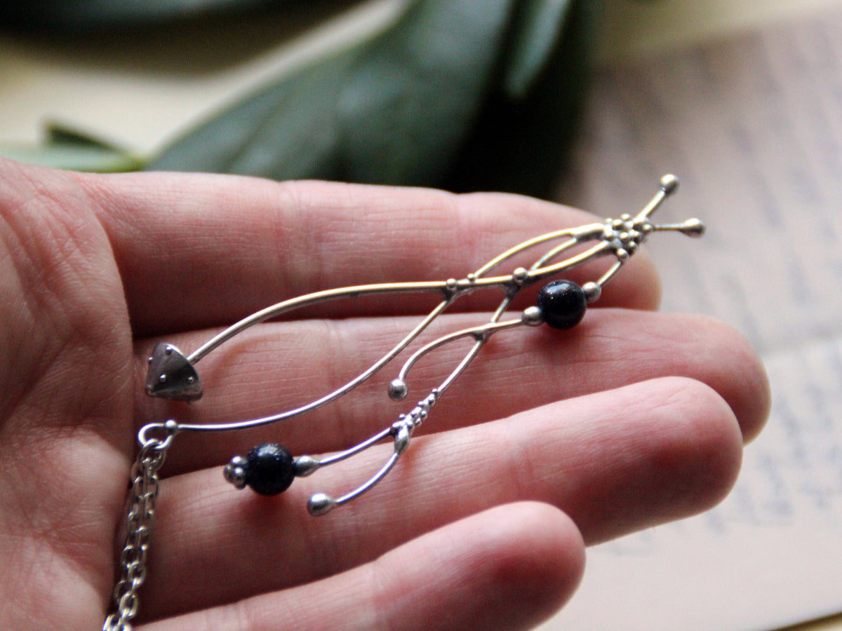 Silver Tone Amanita Mushroom Necklace – Blue Aventurine Forest Pendant – Botanical
