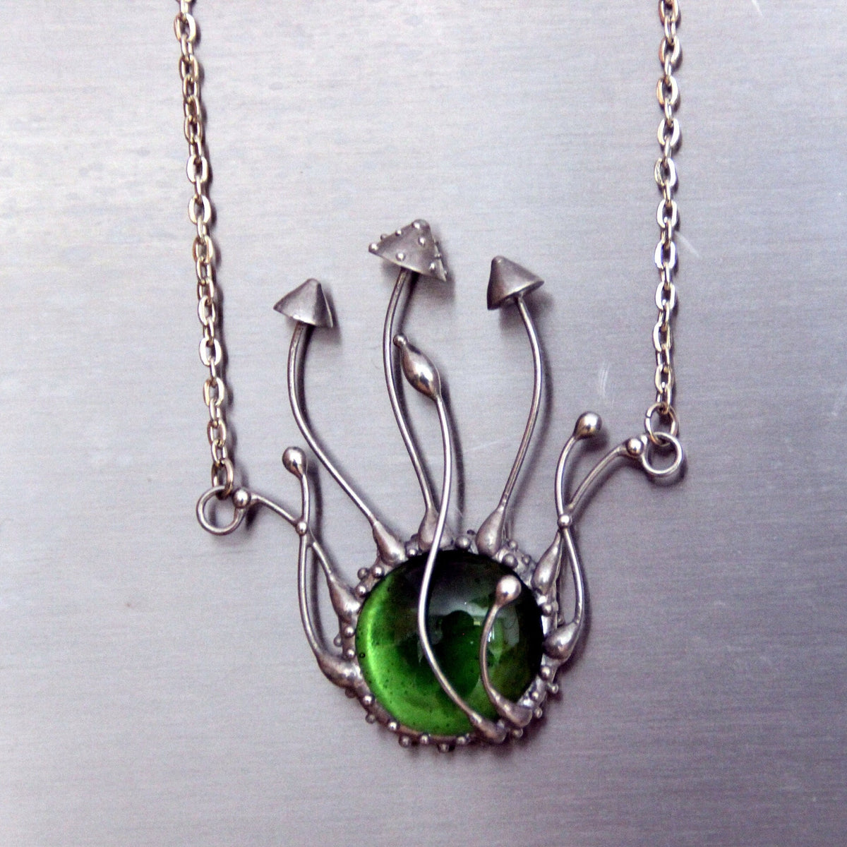 Green Glass Mushroom Necklace – Silver Tone Botanical Pendant – Forest
