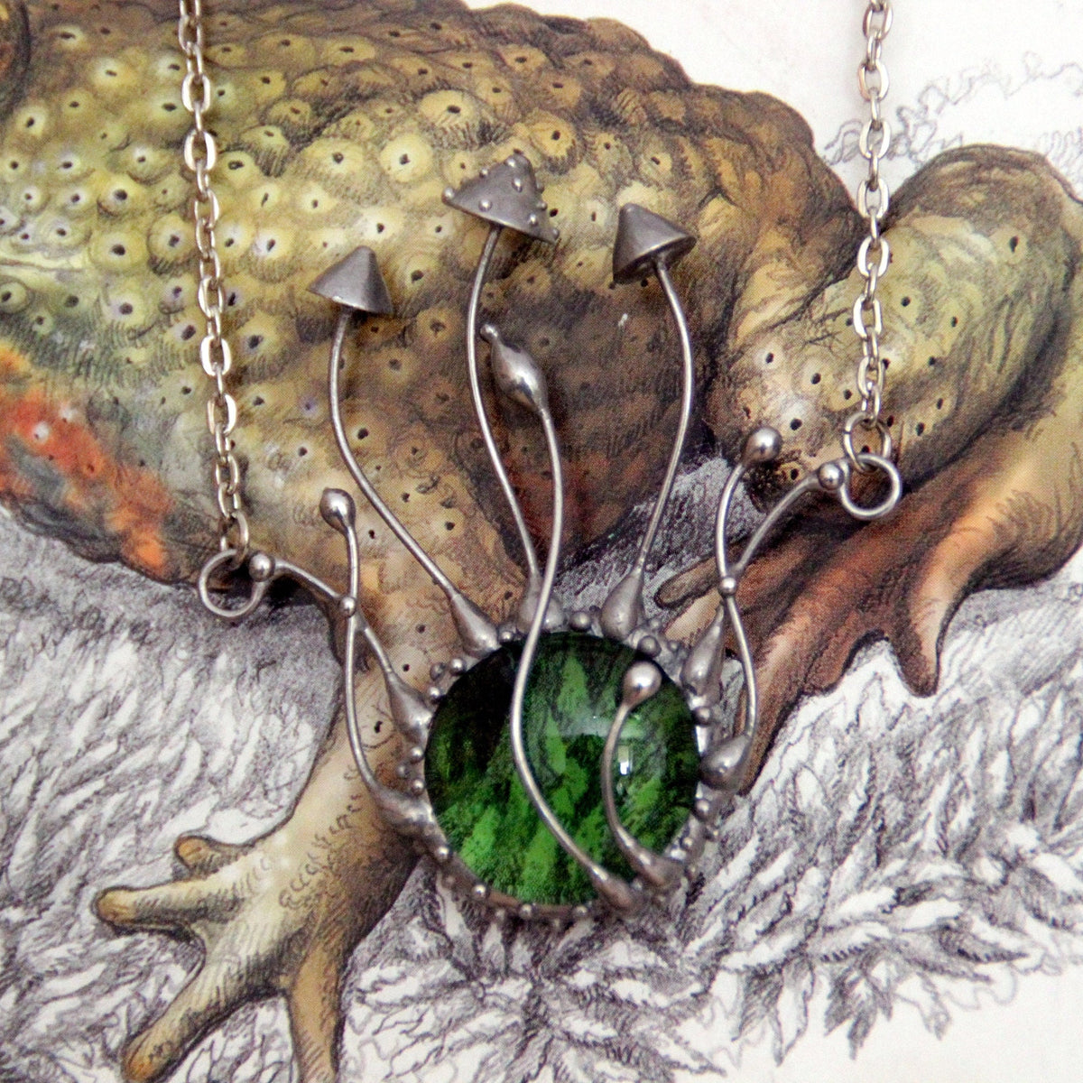 Green Glass Mushroom Necklace – Silver Tone Botanical Pendant – Forest