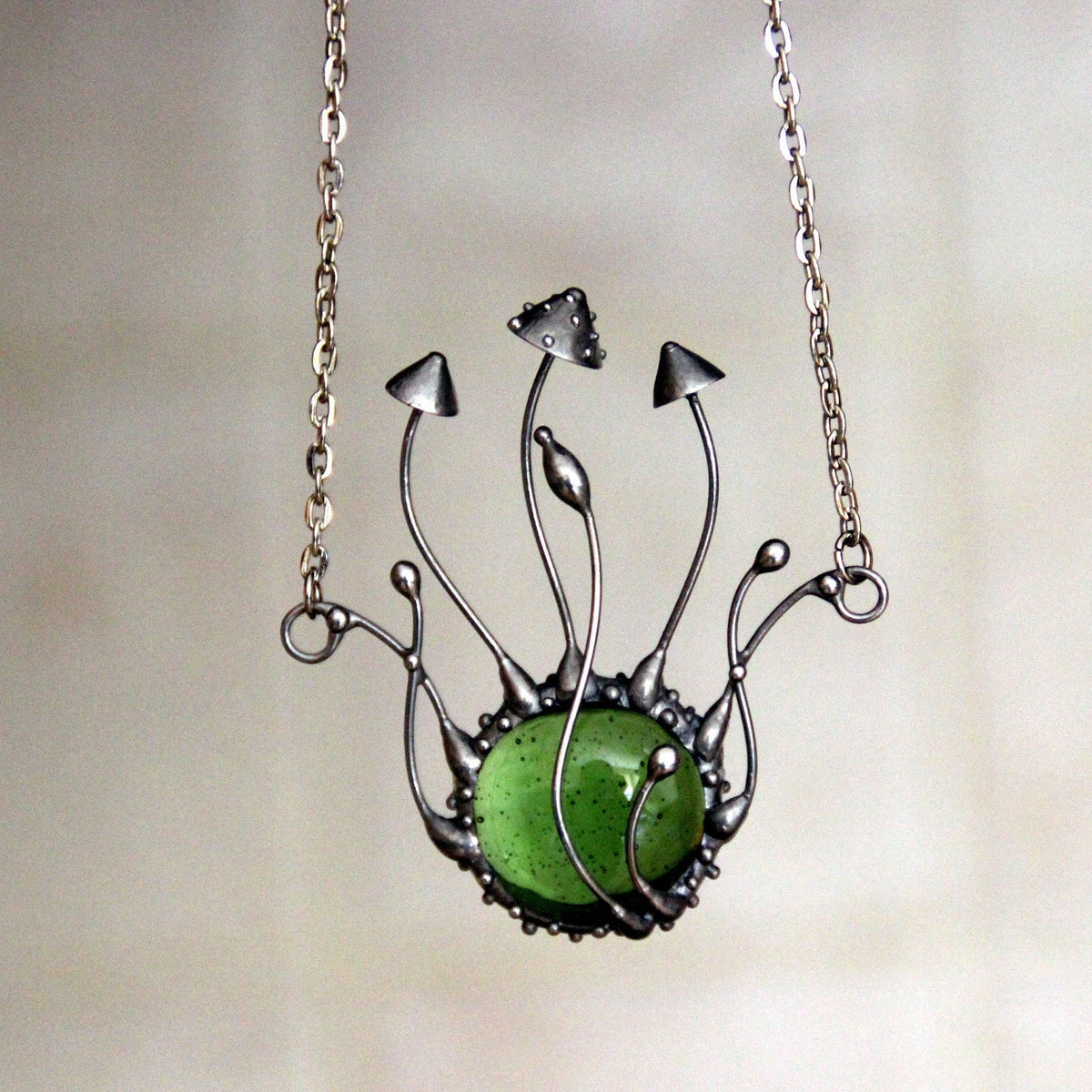 Green Glass Mushroom Necklace – Silver Tone Botanical Pendant – Forest
