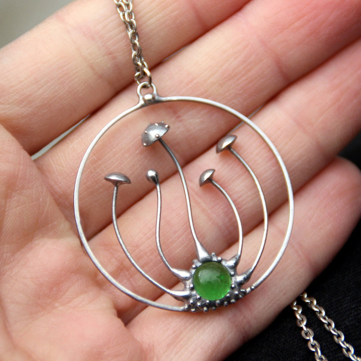 Green Glass Amanita Mushroom Necklace – Silver Tone