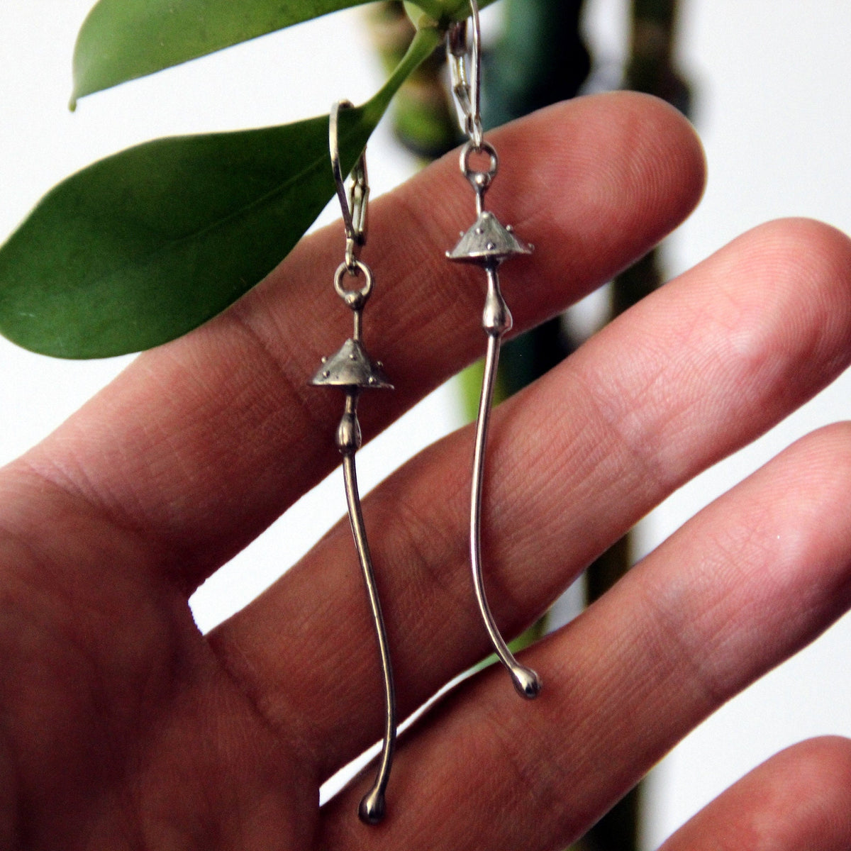 Silver Amanita Mushroom Earrings – Long Copper & Pewter Forest Dangles – Witchy Botanical