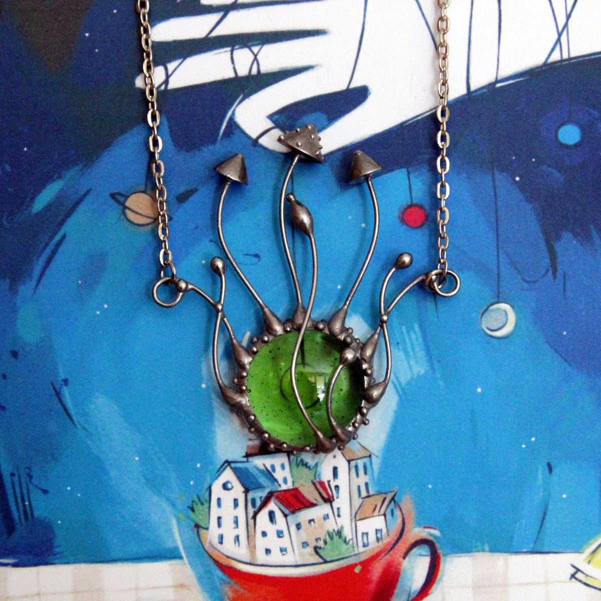 Green Glass Mushroom Necklace – Silver Tone Botanical Pendant – Forest