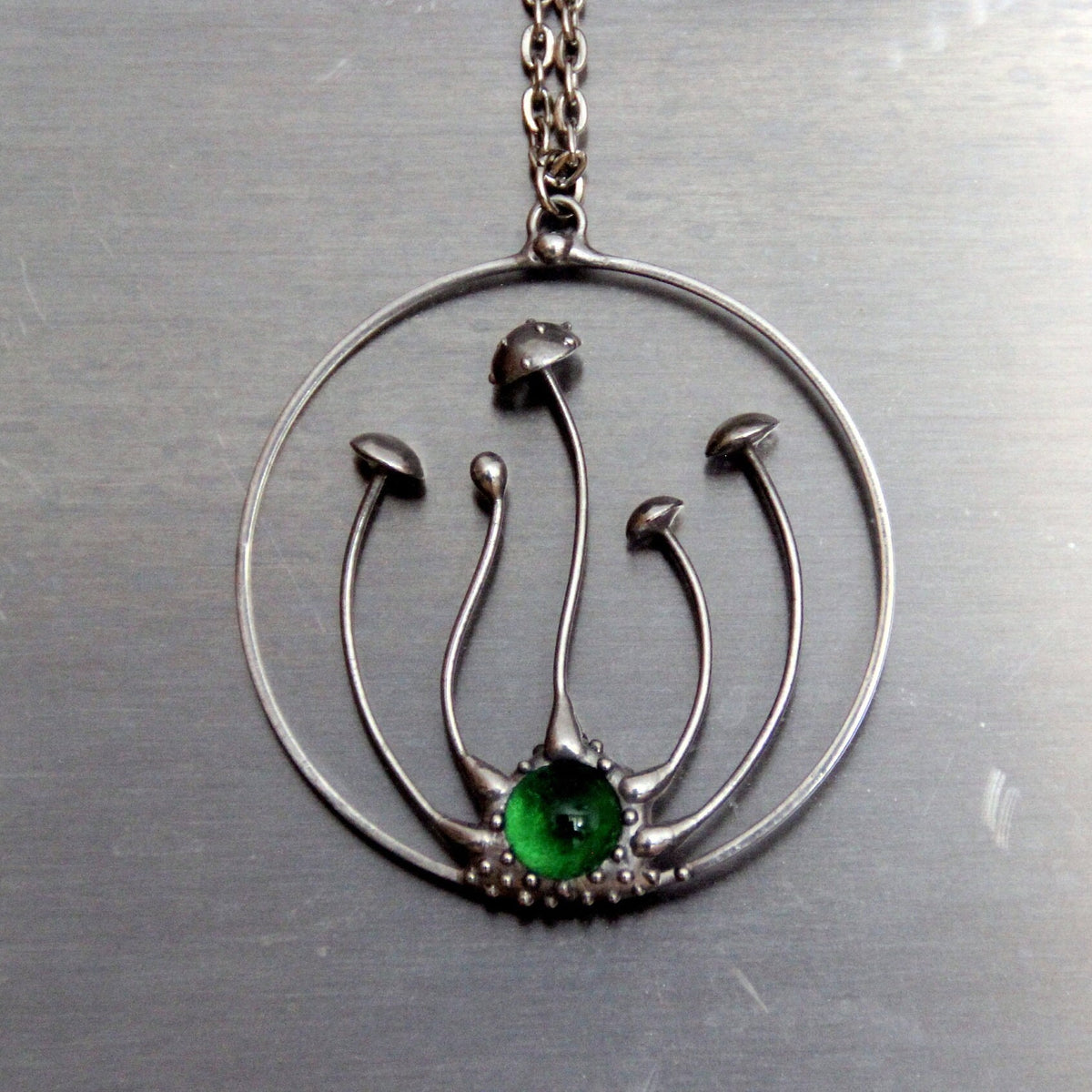 Green Glass Amanita Mushroom Necklace – Silver Tone