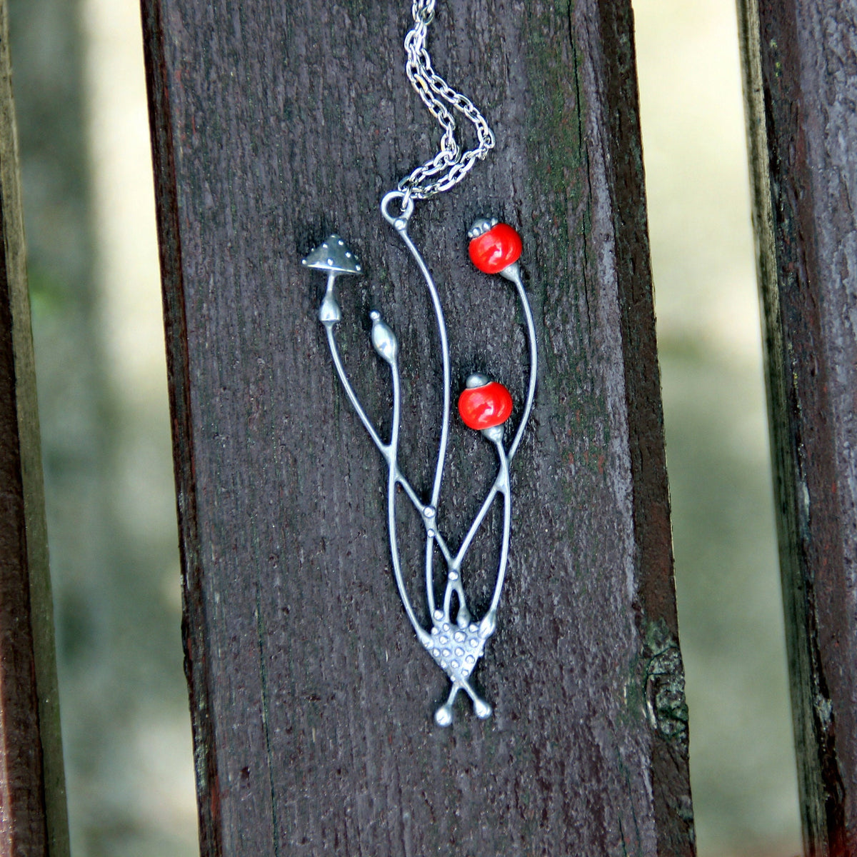 Red Glass Amanita Mushroom Necklace – Silver Tone