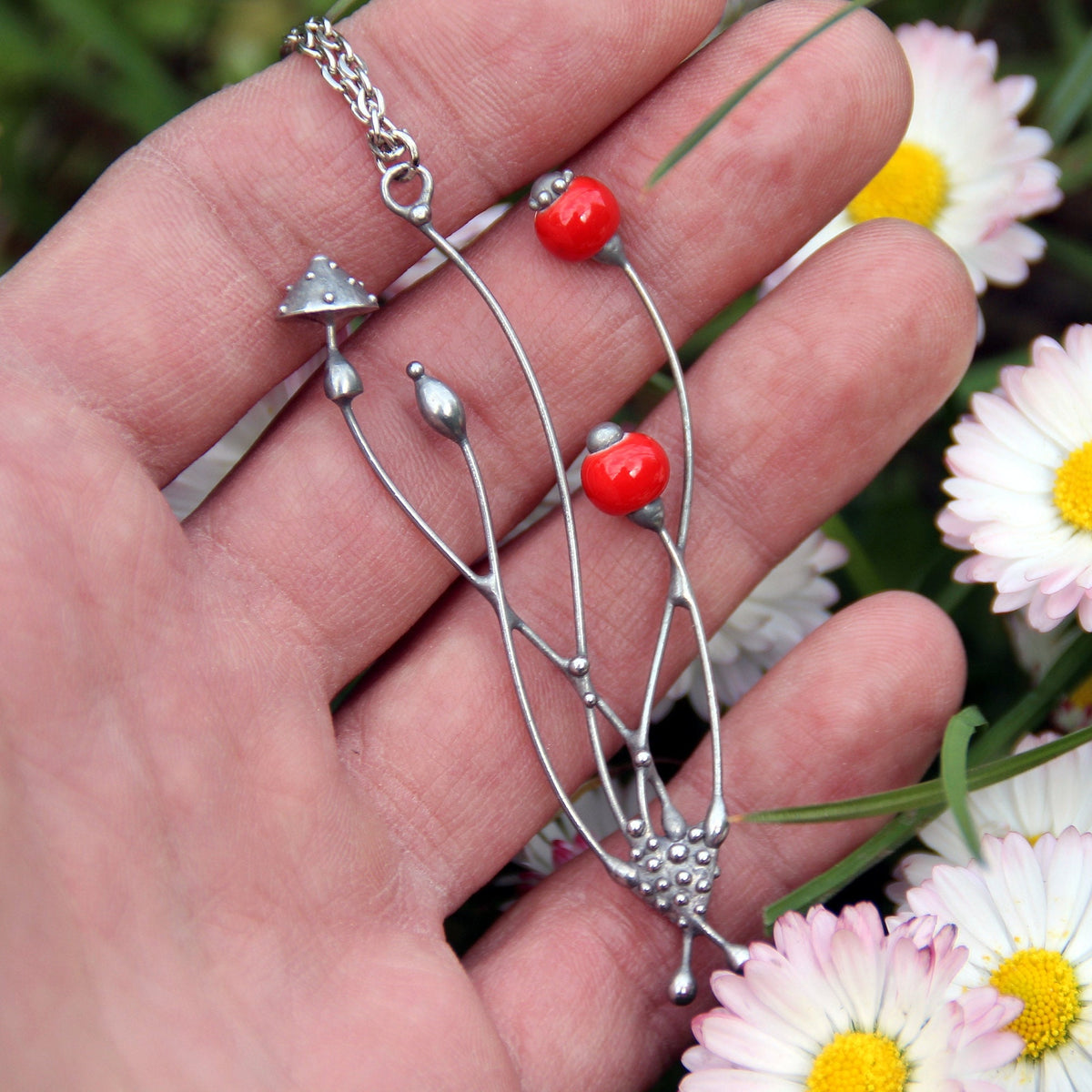 Red Glass Amanita Mushroom Necklace – Silver Tone