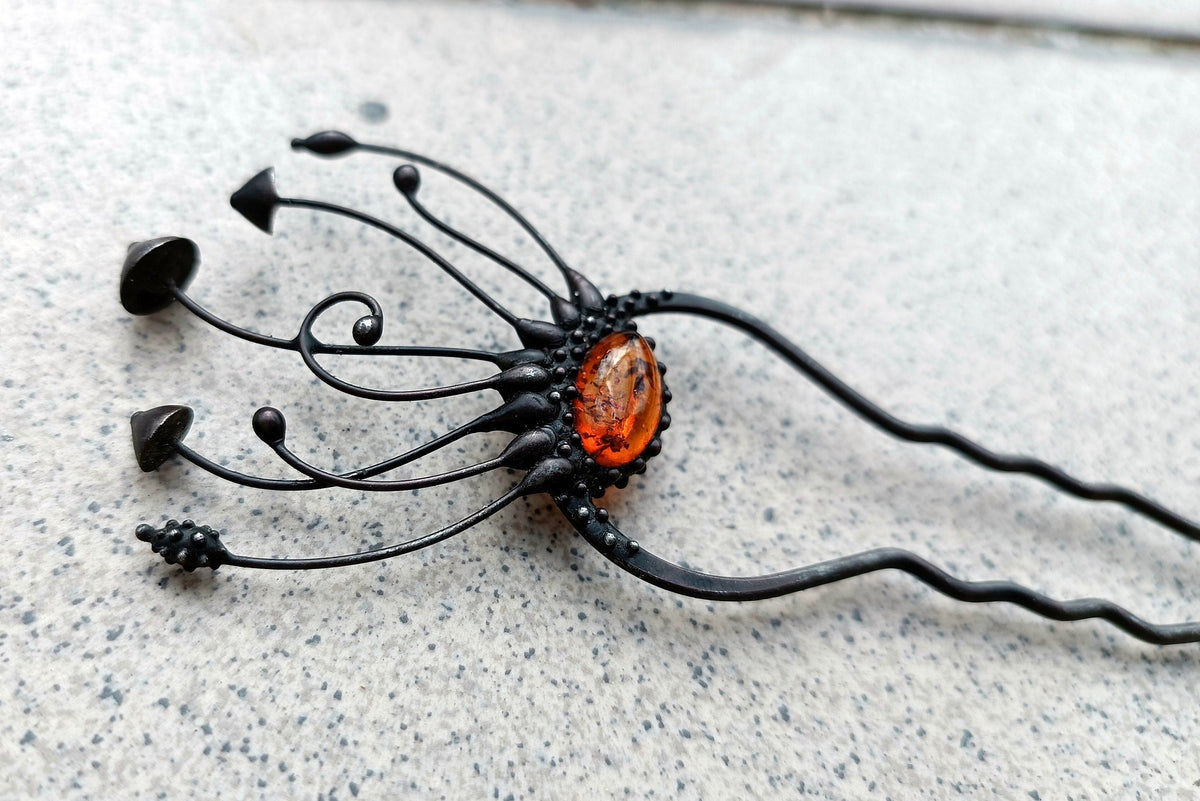 Amber Mushroom Hair Pin – Blackened Copper