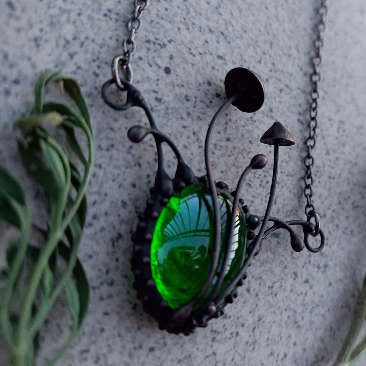 Green Glass Mushroom Necklace – Blackened Copper Forest Pendant – Botanical Fungi