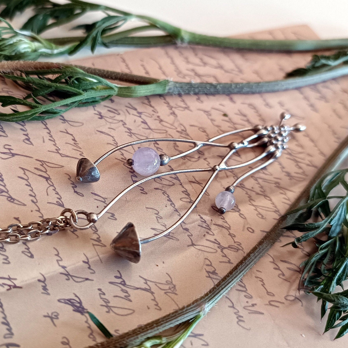 Rose Quartz Mushroom Necklace – Silver Tone