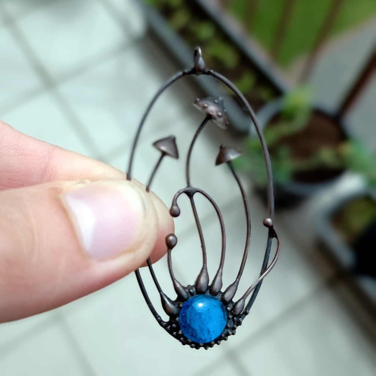 Blue Glass Amanita Mushroom Necklace – Blackened Copper Oval Forest Pendant – Botanical