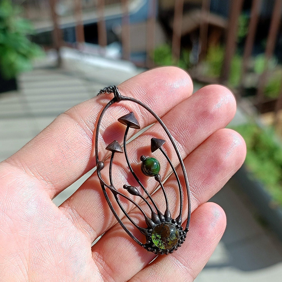 Green Glass Mushroom Necklace – Blackened Copper Oval Forest Pendant – Psychedelic Botanical