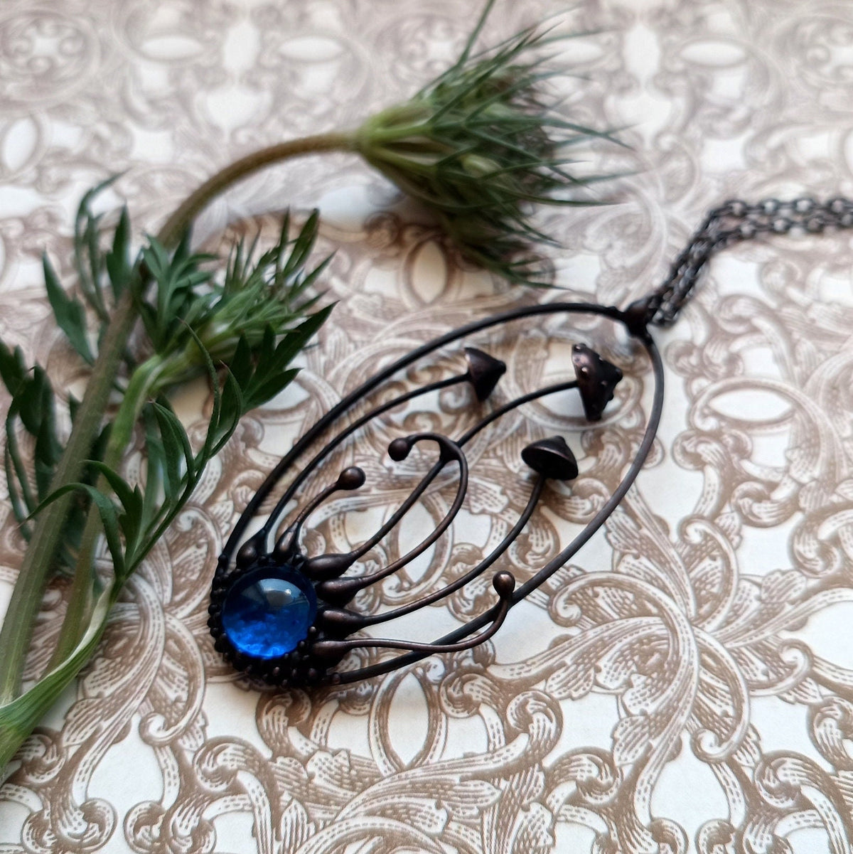 Blue Glass Amanita Mushroom Necklace – Blackened Copper Oval Forest Pendant – Botanical