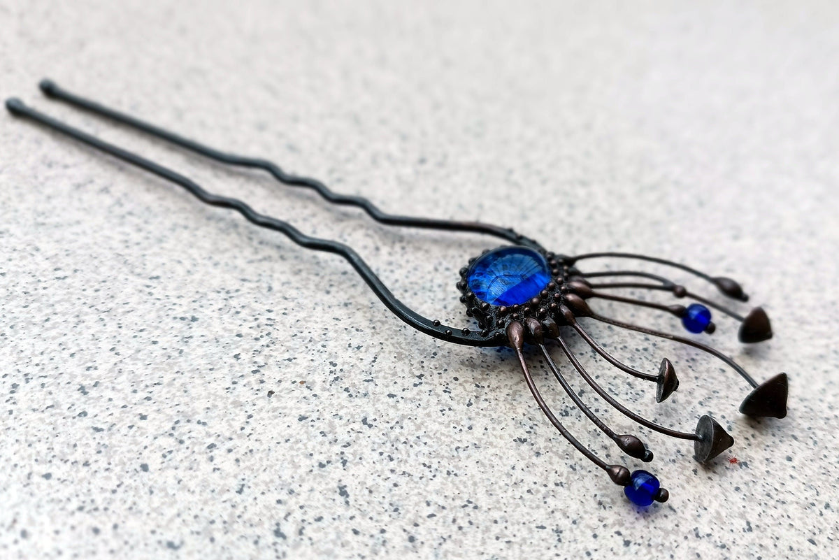 Blue Glass Mushroom Hair Pin – Blackened Copper Forest Hair Fork – Witchy Botanical