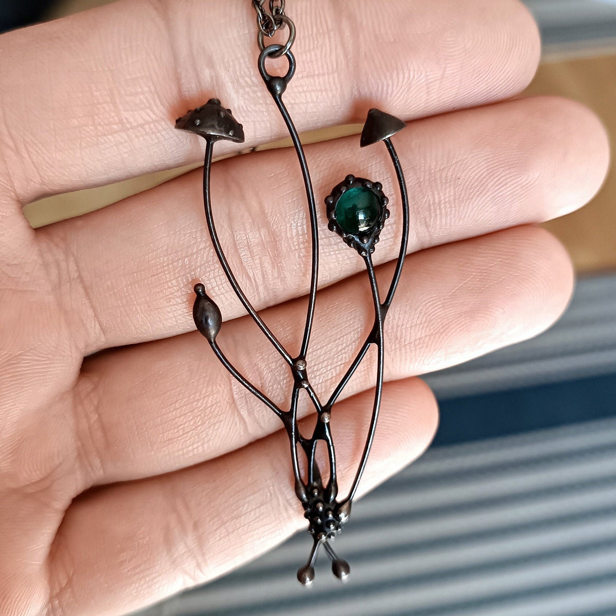 Green Glass Amanita Mushroom Necklace – Blackened Copper Forest Pendant – Botanical