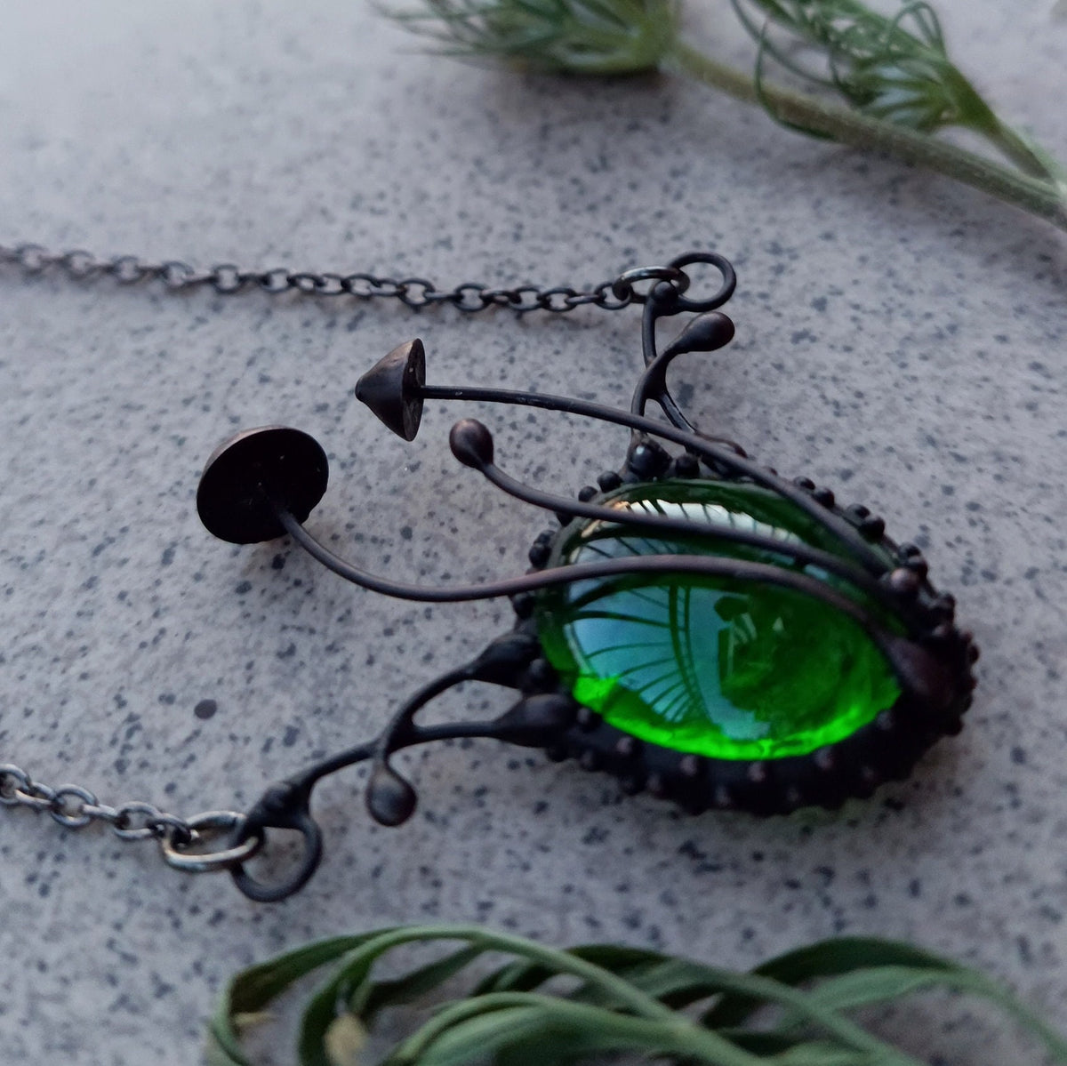 Green Glass Mushroom Necklace – Blackened Copper Forest Pendant – Botanical Fungi
