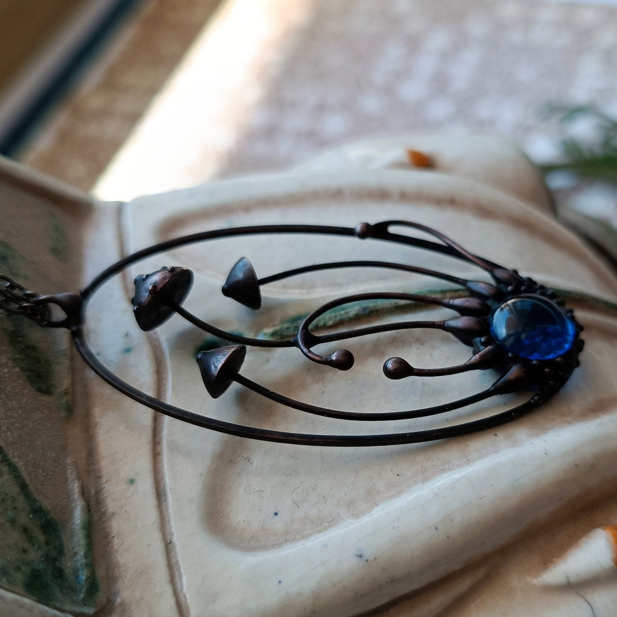 Blue Glass Amanita Mushroom Necklace – Blackened Copper Oval Forest Pendant – Botanical