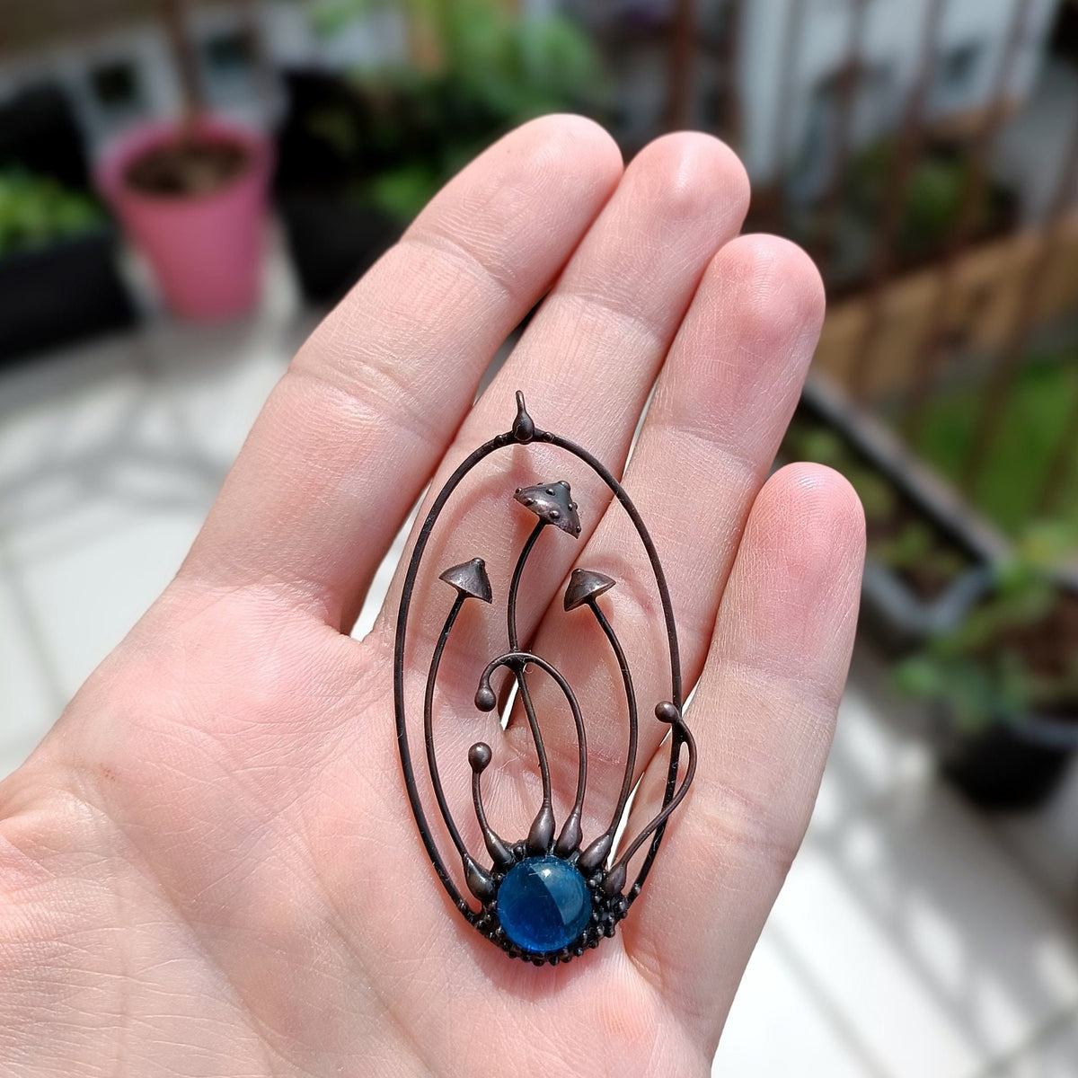 Blue Glass Amanita Mushroom Necklace – Blackened Copper Oval Forest Pendant – Botanical