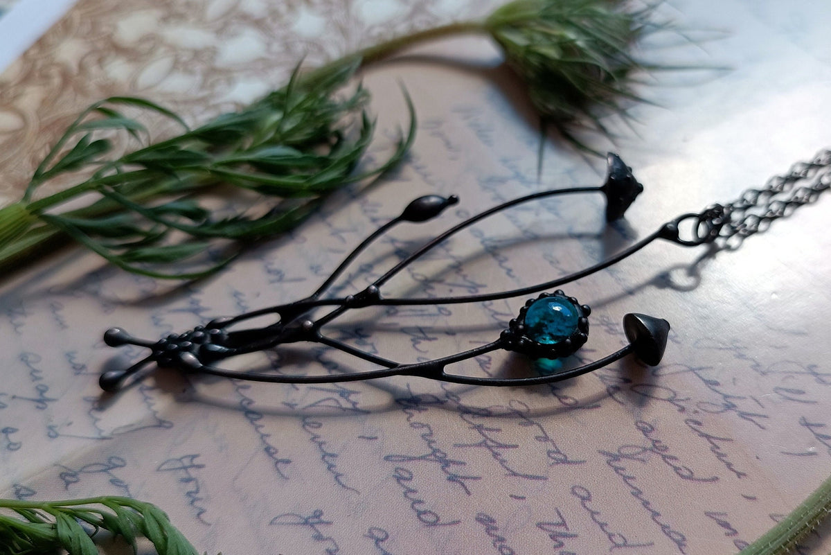 Green Glass Amanita Mushroom Necklace – Blackened Copper Forest Pendant – Botanical
