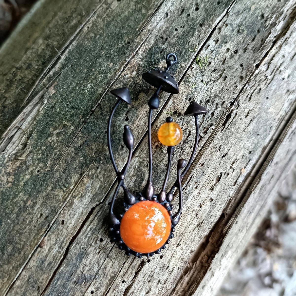 Orange Glass Amanita Mushroom Necklace – Blackened Copper