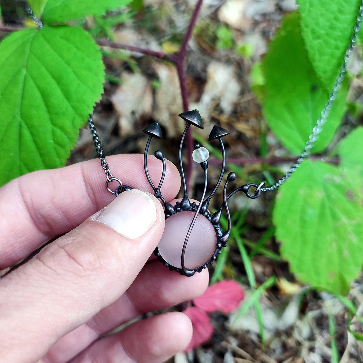 Frosted Clear Glass Mushroom Necklace – Blackened Copper