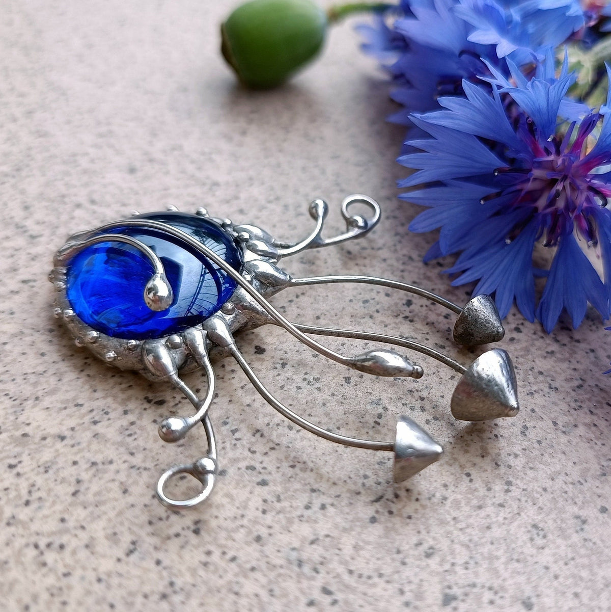 Blue Glass Mushroom Necklace – Silver Tone Copper & Pewter Forest Pendant – Botanical