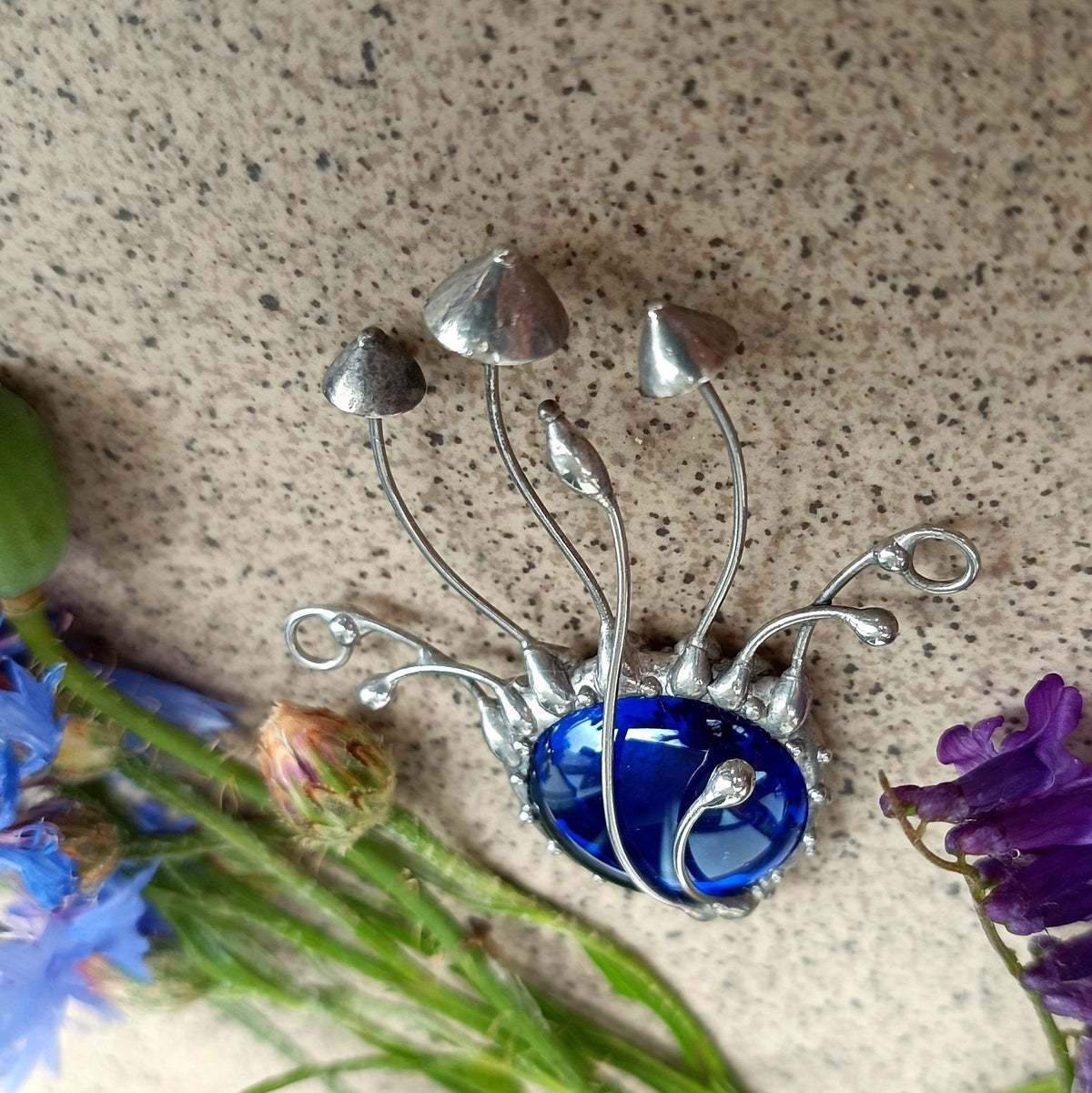 Blue Glass Mushroom Necklace – Silver Tone Copper & Pewter Forest Pendant – Botanical