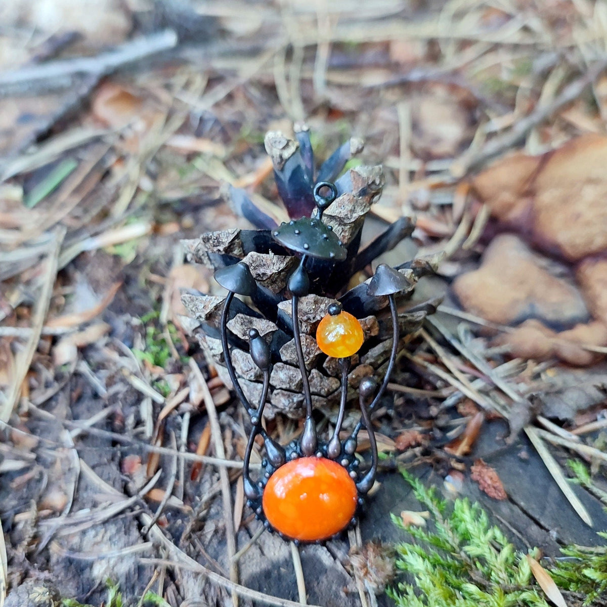 Orange Glass Amanita Mushroom Necklace – Blackened Copper