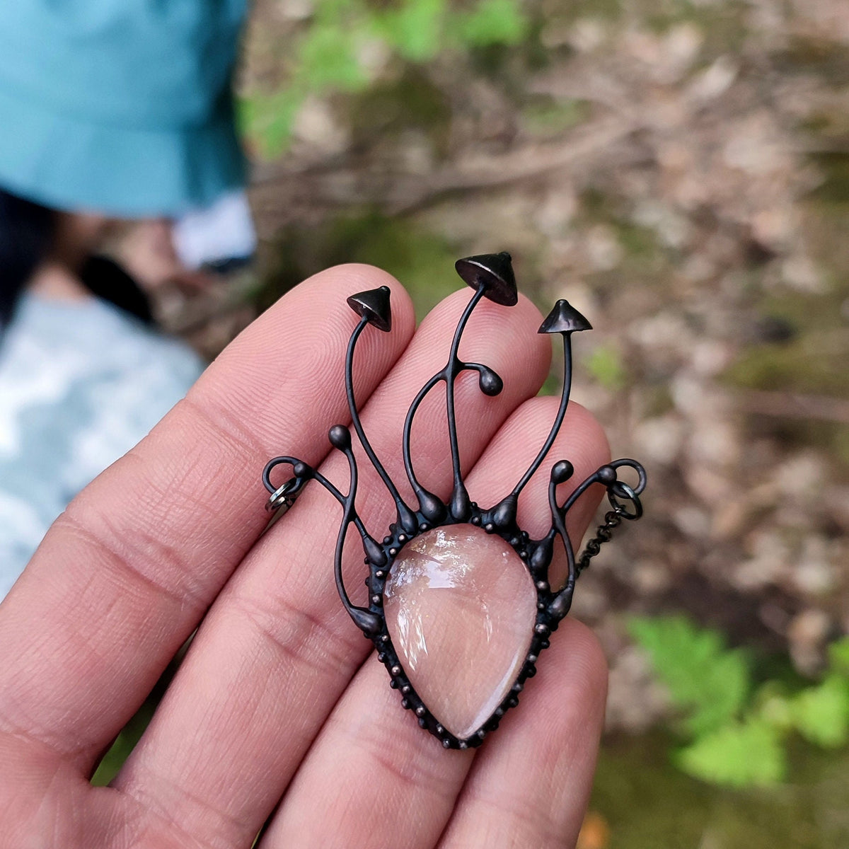 Clear Glass Mushroom Necklace – Blackened Copper Forest Pendant – Psychedelic Fungi