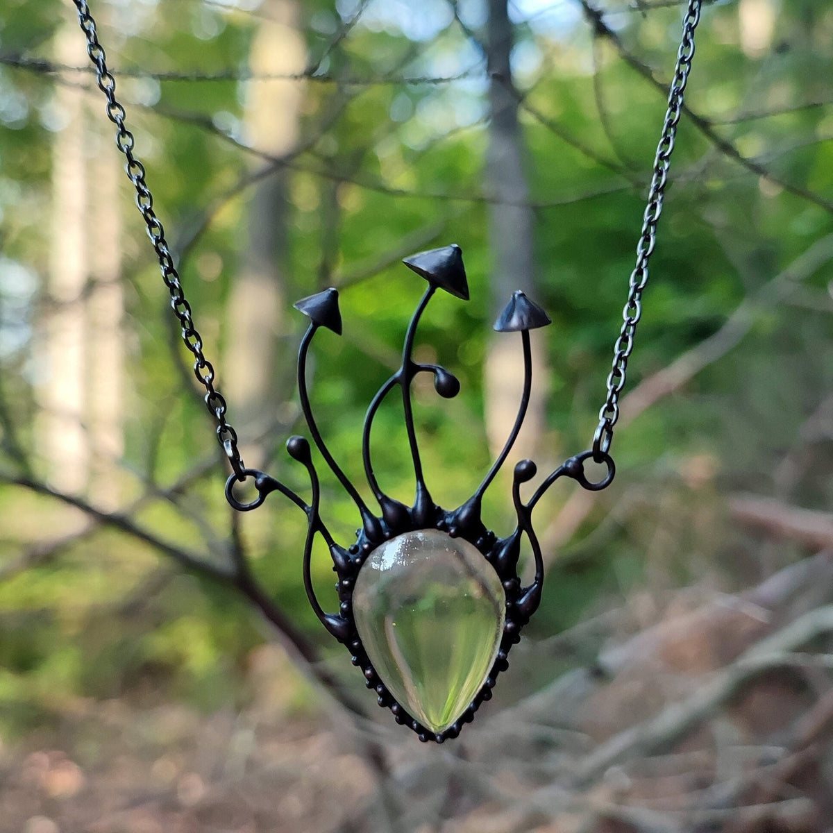 Clear Glass Mushroom Necklace – Blackened Copper Forest Pendant – Psychedelic Fungi