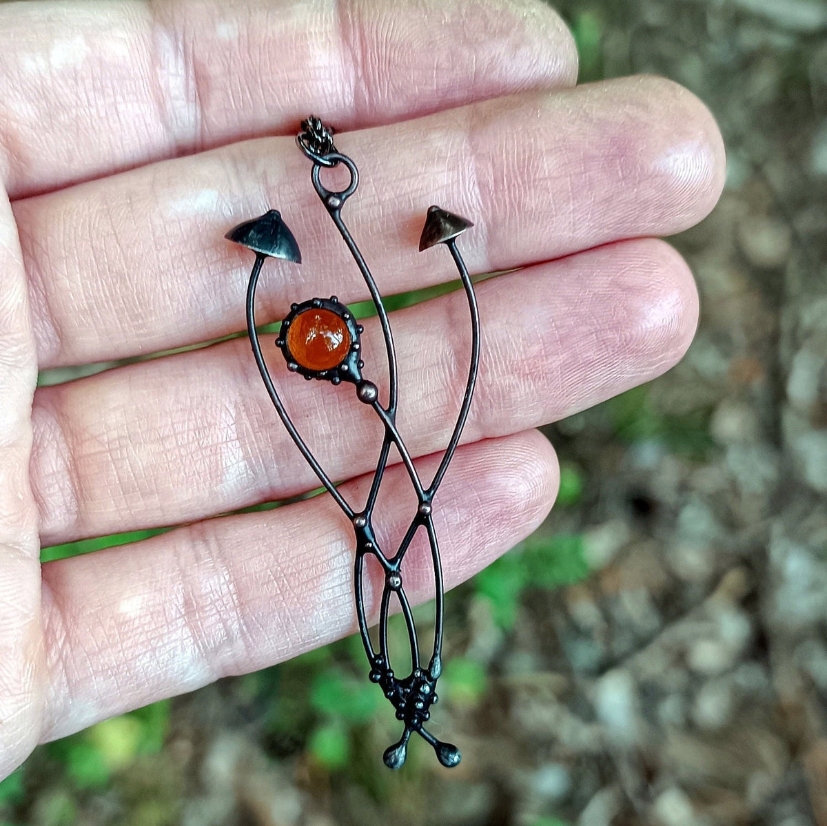 Brown Glass Mushroom Necklace – Blackened Copper