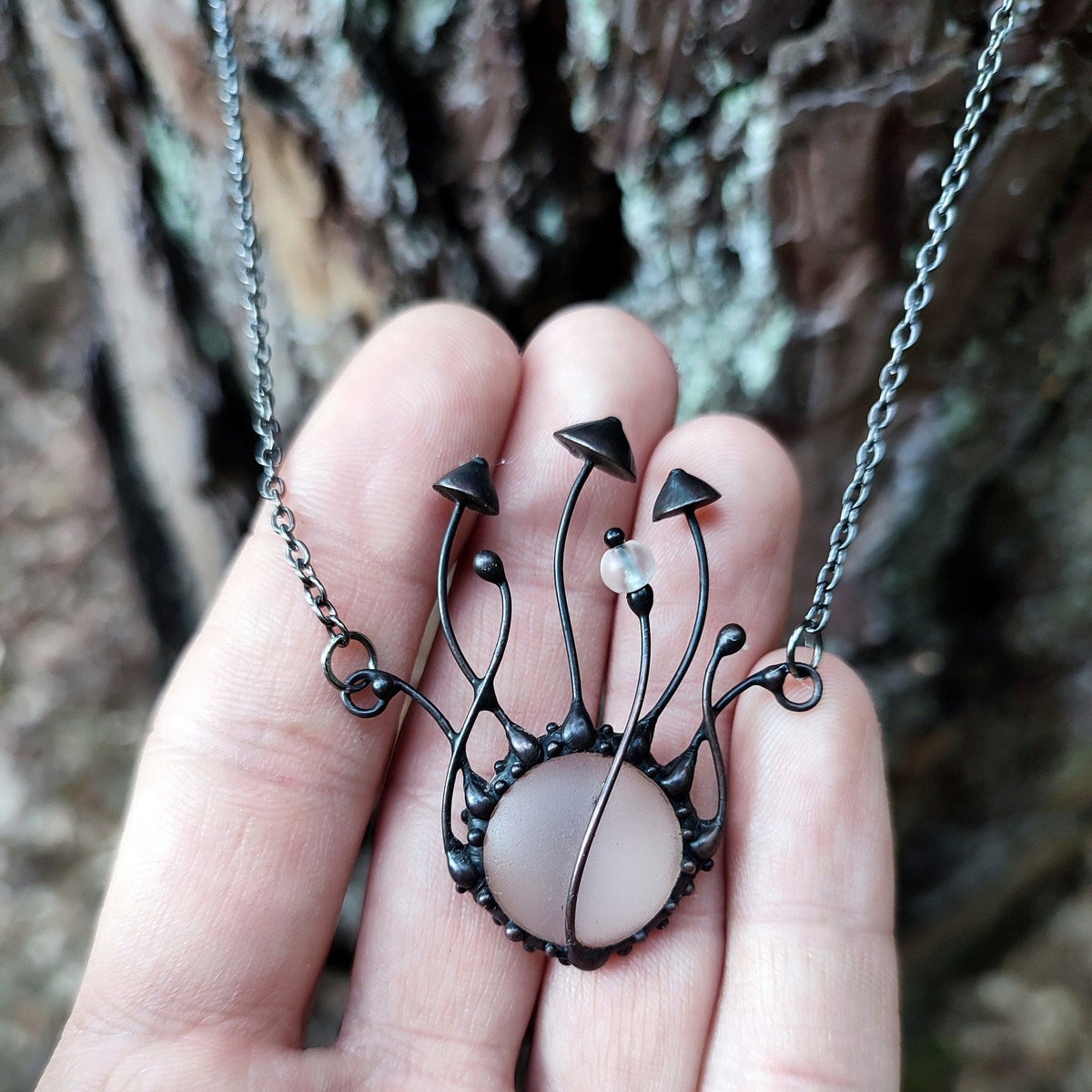 Frosted Clear Glass Mushroom Necklace – Blackened Copper