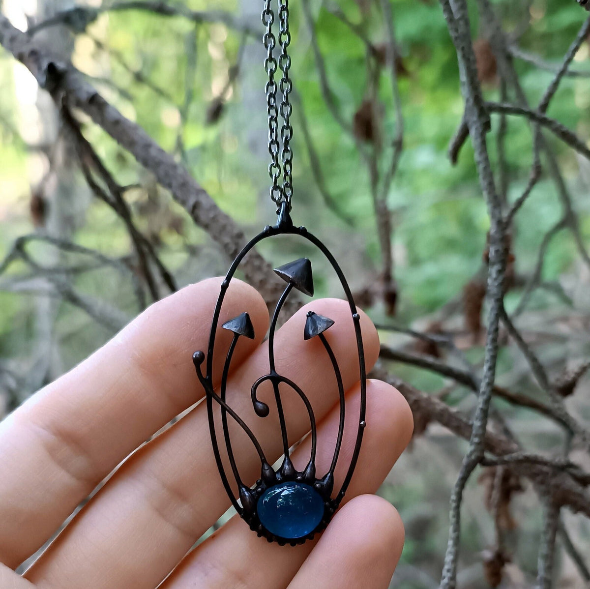 Blue Glass Mushroom Necklace – Blackened Copper Oval Forest Pendant – Botanical