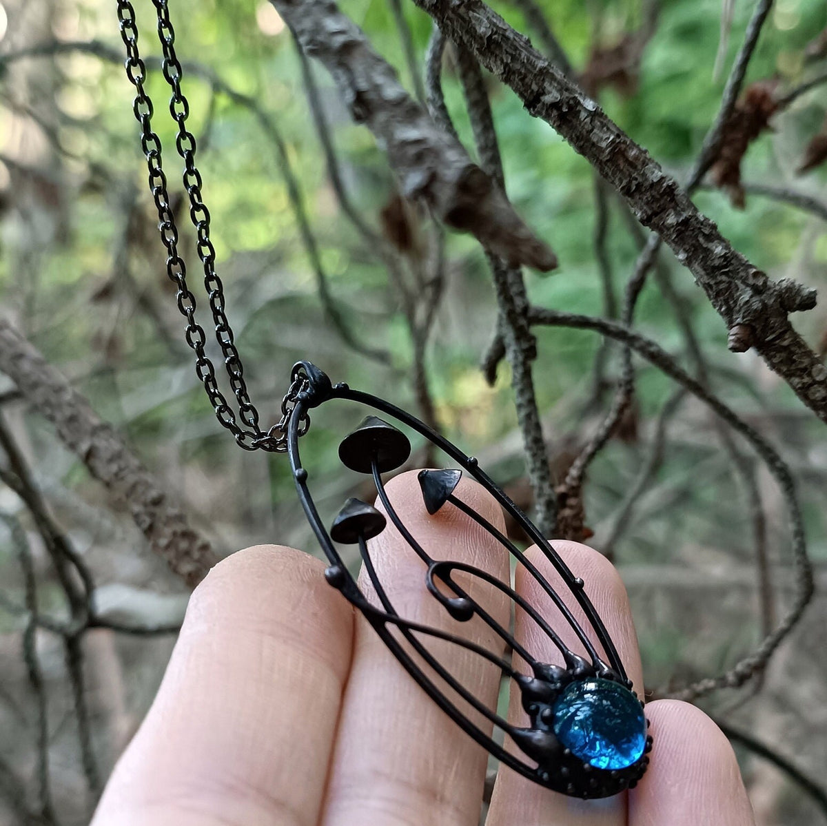 Blue Glass Mushroom Necklace – Blackened Copper Oval Forest Pendant – Botanical