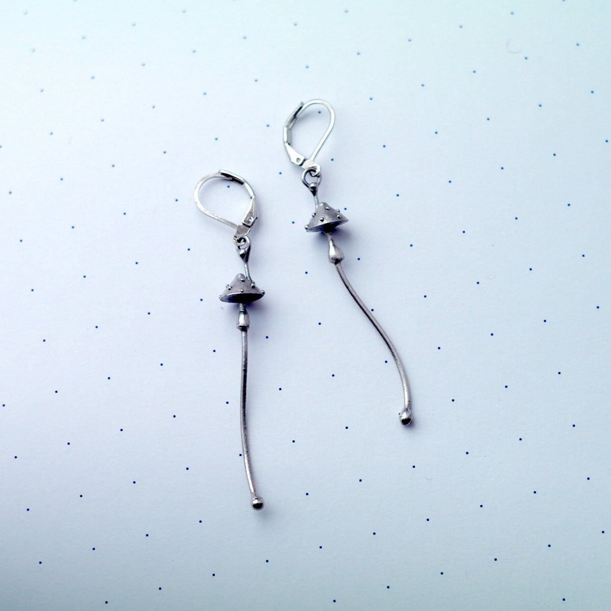 Silver Amanita Mushroom Earrings – Long Copper & Pewter Forest Dangles – Witchy Botanical
