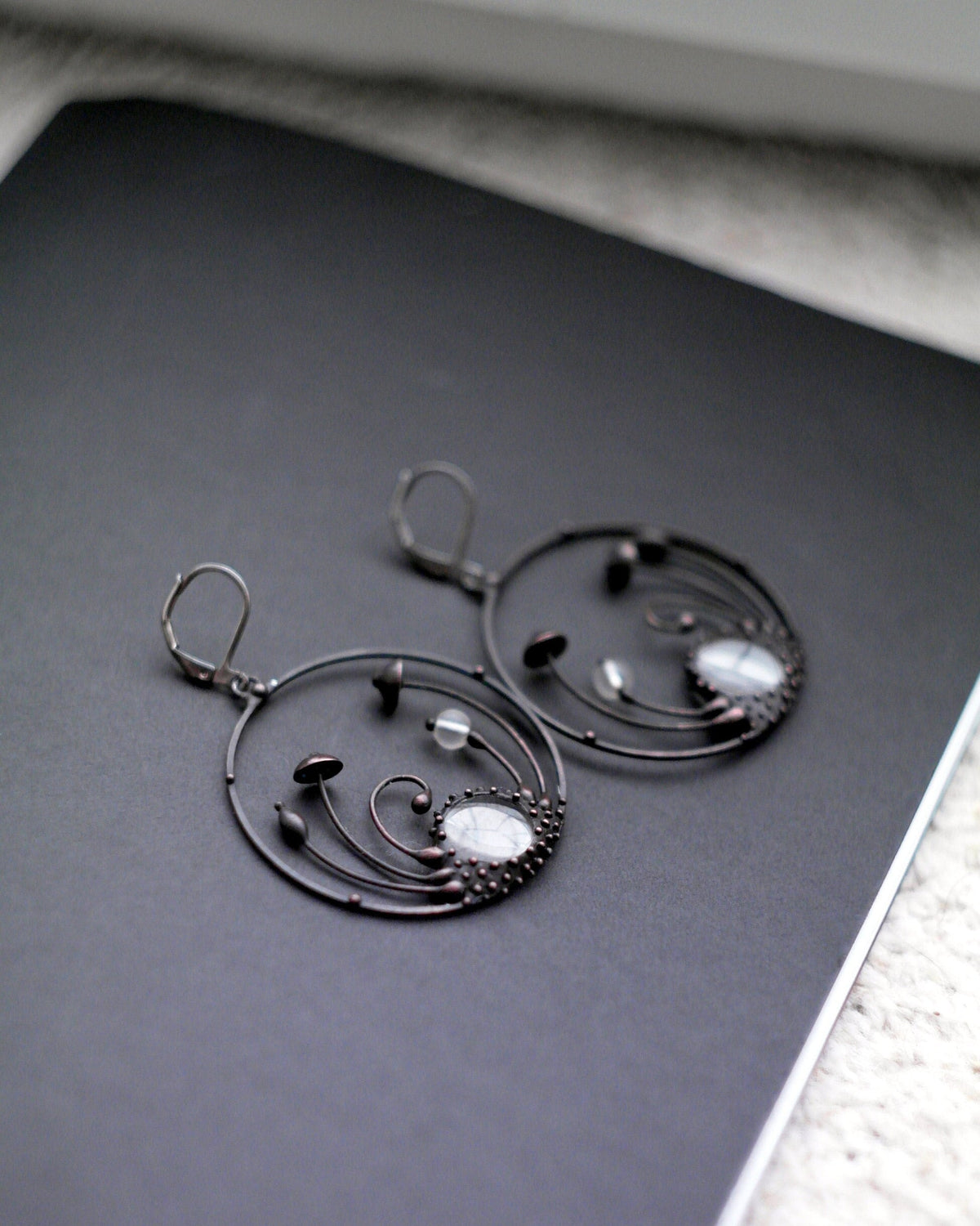 Clear Glass Mushroom Hoop Earrings – Blackened Copper & Pewter Forest – Botanical