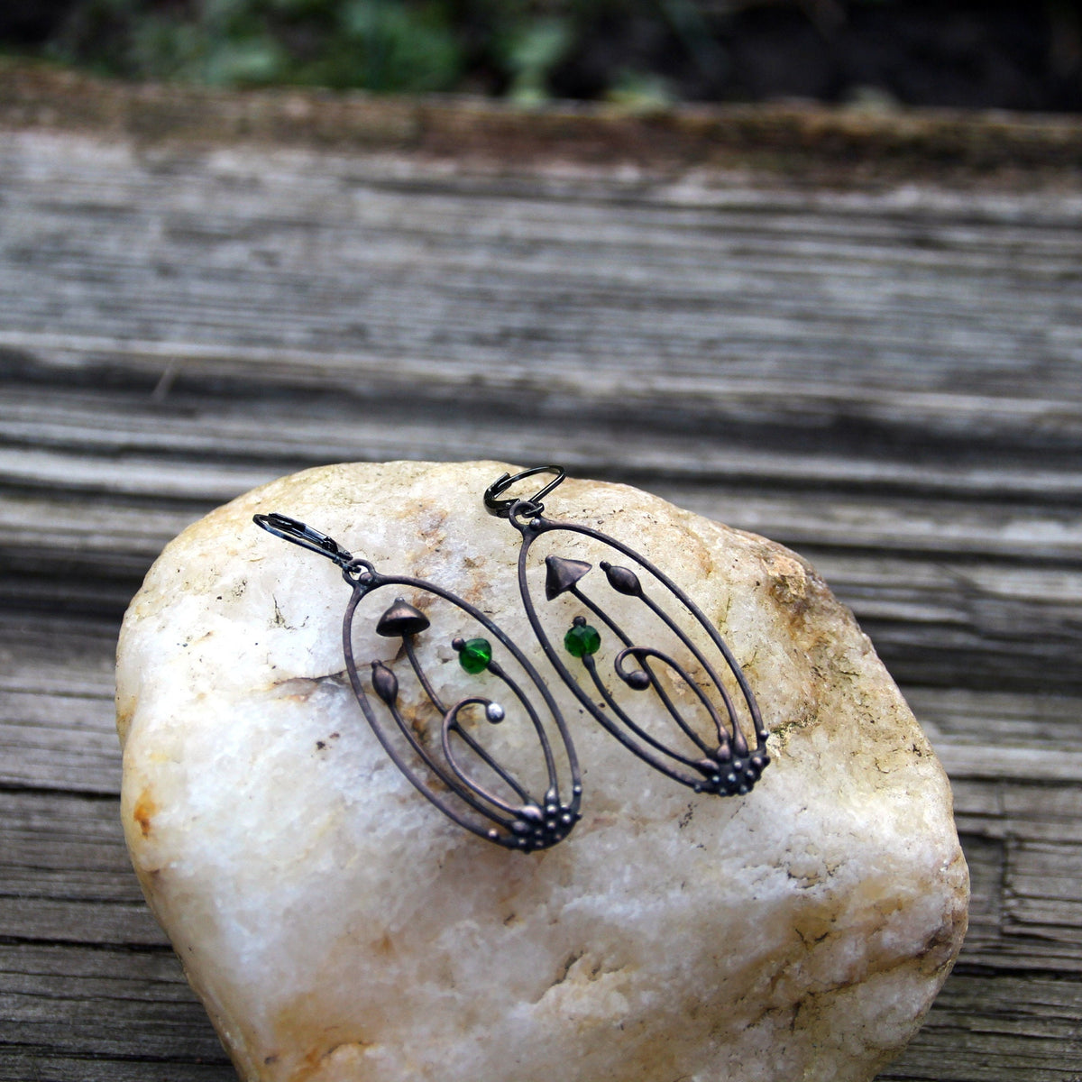 Yellow Glass Mushroom Earrings – Blackened Copper