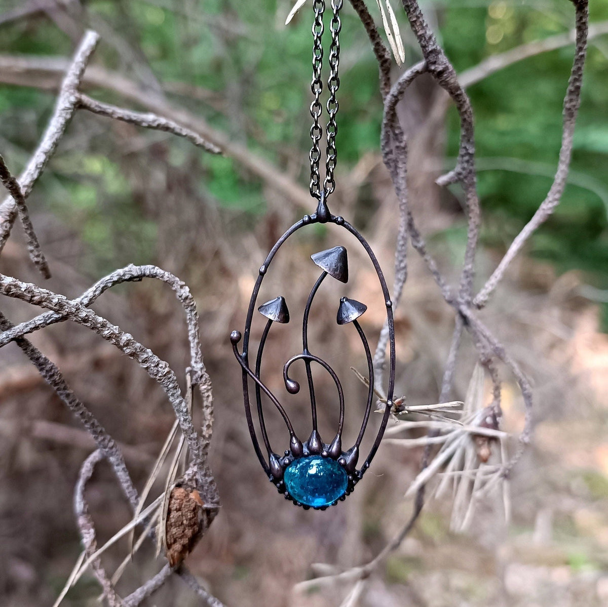 Blue Glass Mushroom Necklace – Blackened Copper Oval Forest Pendant – Botanical