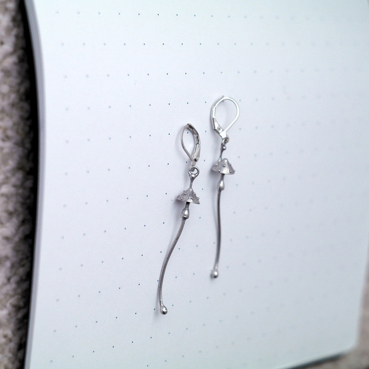 Silver Amanita Mushroom Earrings – Long Copper & Pewter Forest Dangles – Witchy Botanical