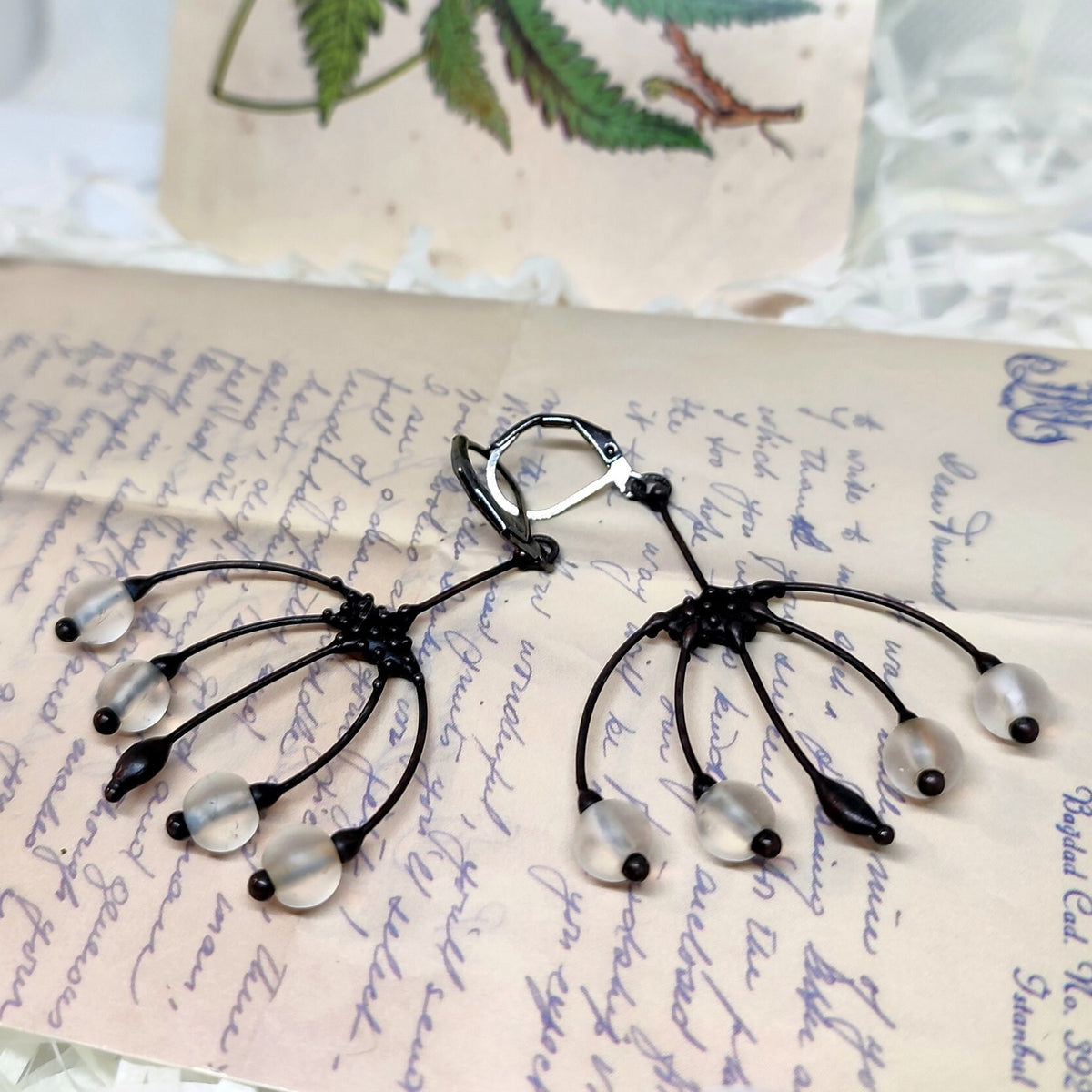 Clear Glass Flower Earrings – Blackened Copper Botanical Dangles – Boho