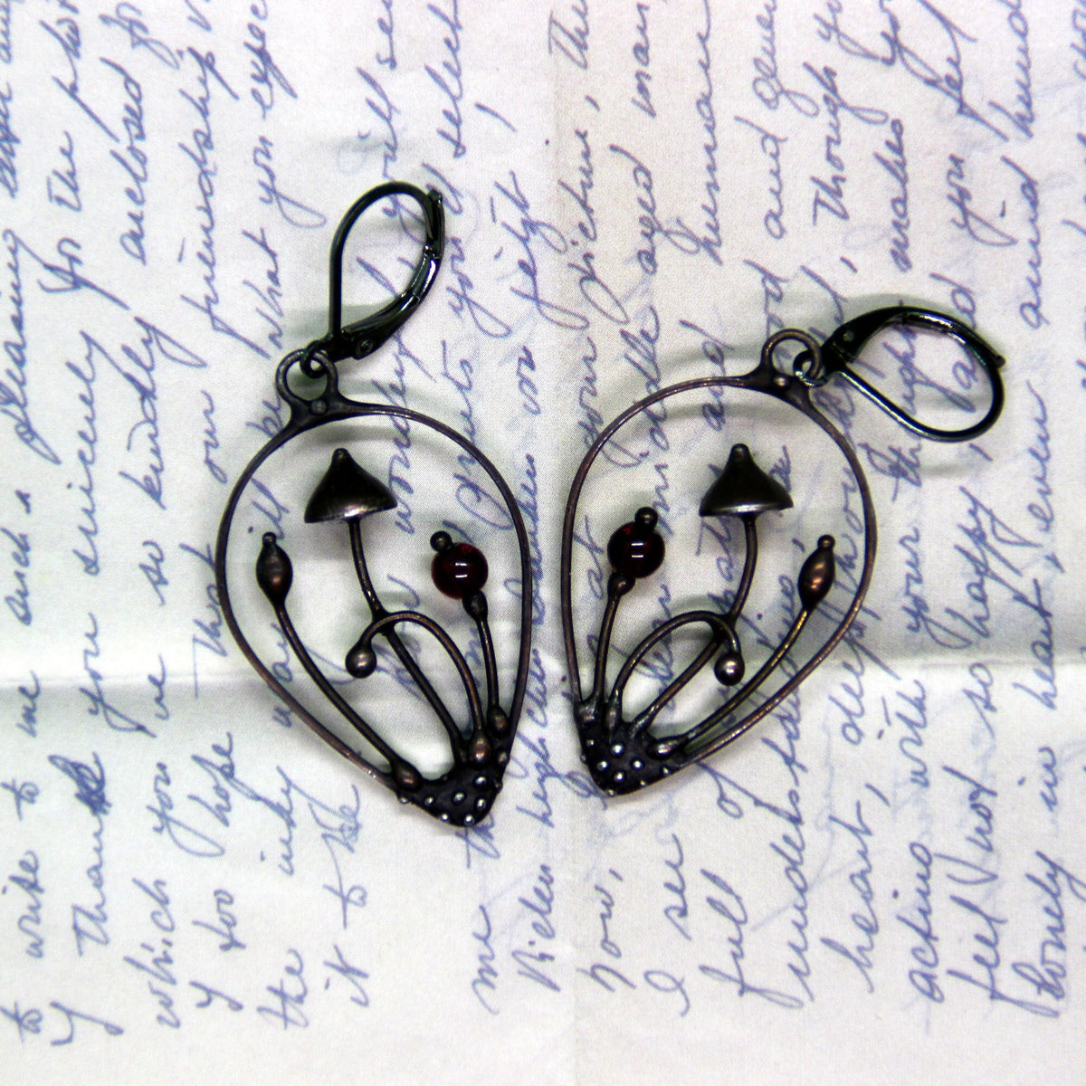 Deep Red Glass Mushroom Teardrop Earrings – Blackened Copper