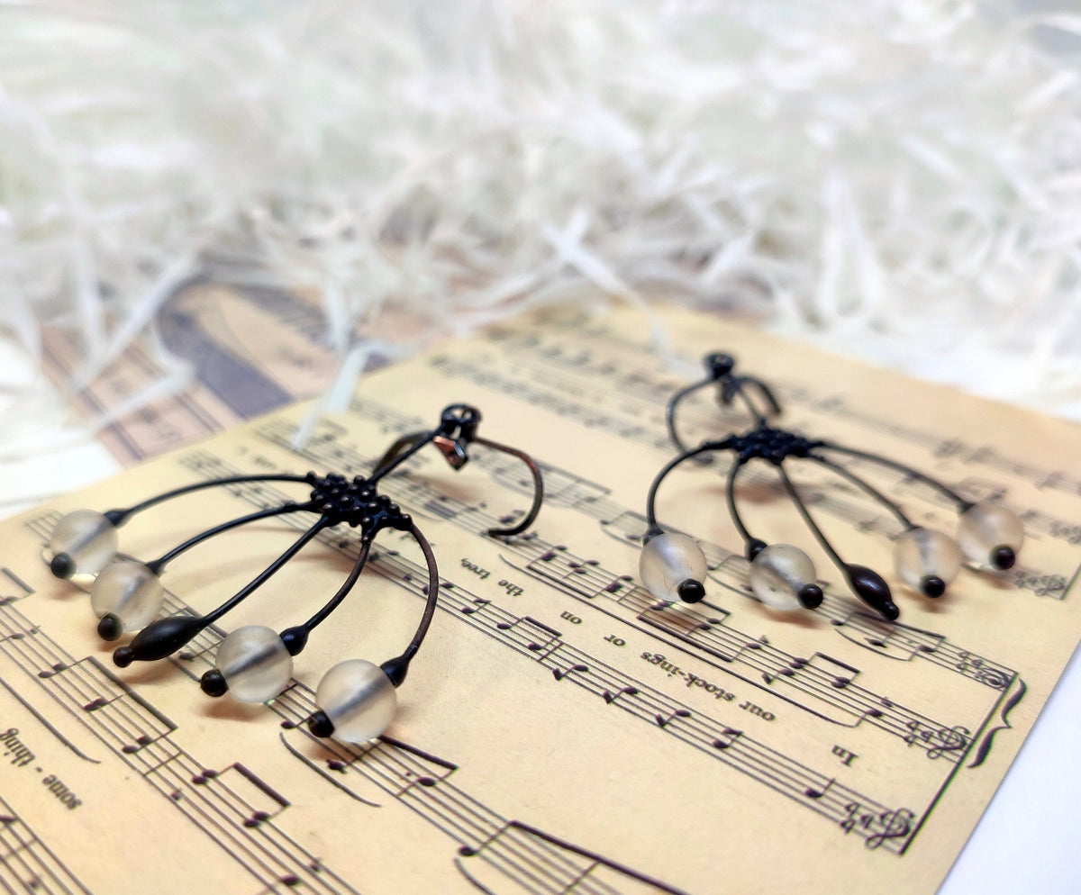 Clear Glass Flower Earrings – Blackened Copper Botanical Dangles – Boho
