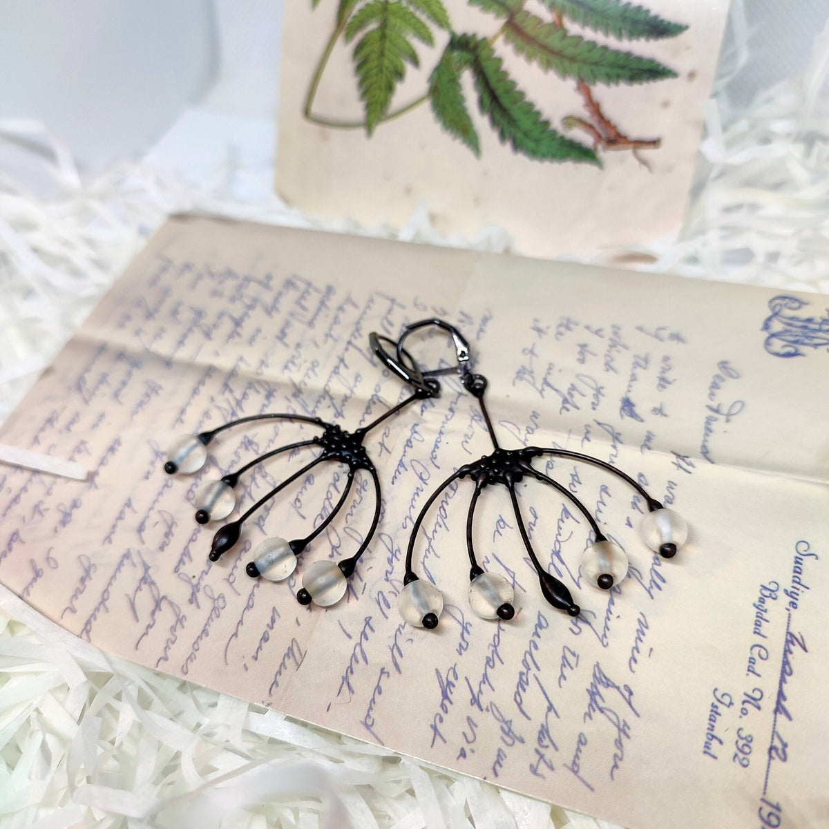 Clear Glass Flower Earrings – Blackened Copper Botanical Dangles – Boho