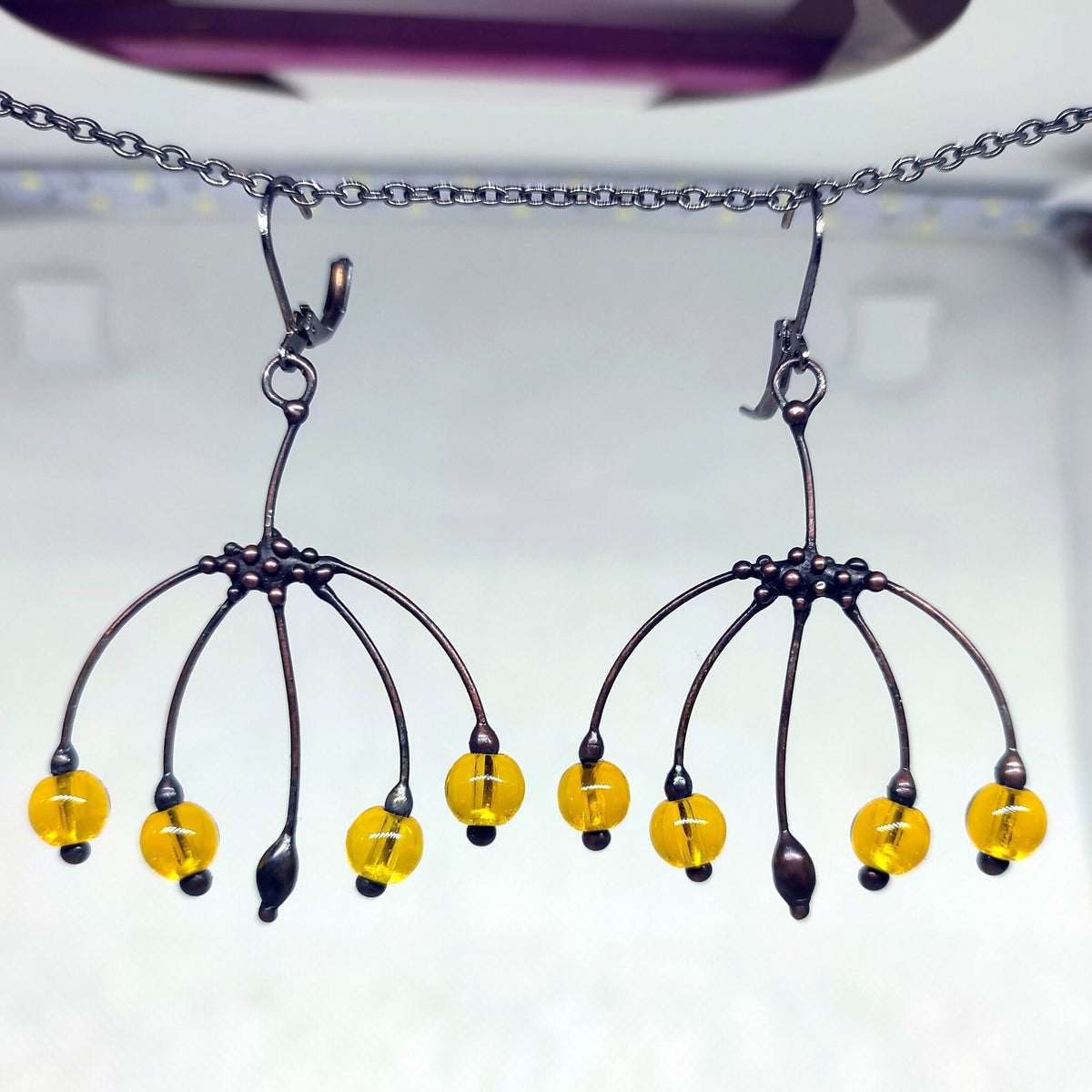 Yellow Glass Flower Earrings – Blackened Copper Botanical Dangles – Boho Forest